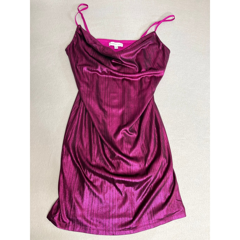 Purple Shiny Shimmer Metallic Mini Dress Cowl Neck Medium